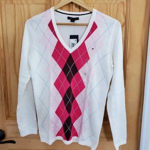 Tommy Hilfiger Argyle White and Pink V-Neck Sweater